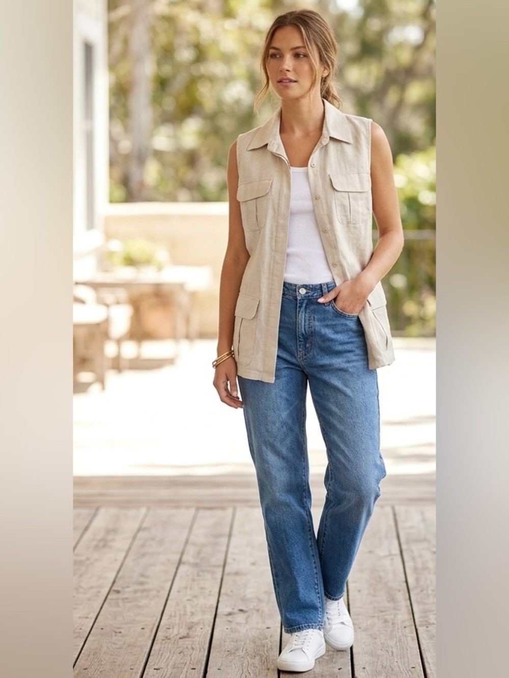 Lucy & Laurel 100% Linen Tan Utility Safari Vest Jacket Pockets